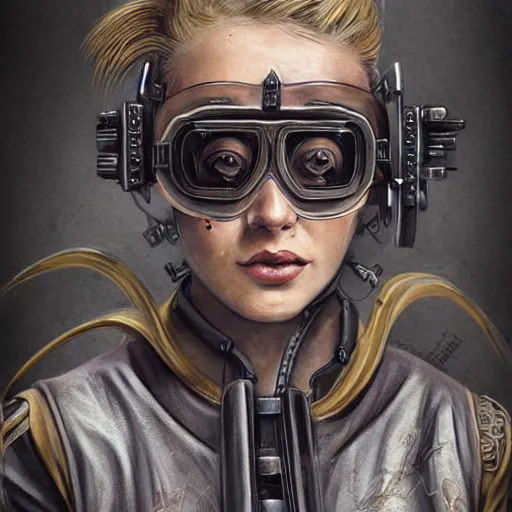 Image similar to highly detailed character concept art of stoic heroic emotionless square-jawed butch blonde tattooed woman engineer looking to side, wearing steampunk goggles and dirty ripped flight suit, on primitive planet, portrait, illustration, pulp sci fi, science fiction