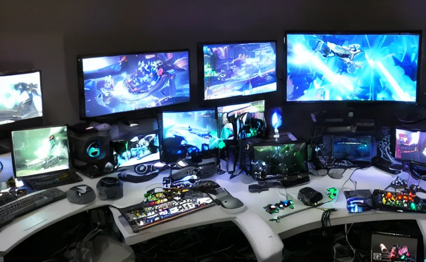 Image similar to futuristic gaming setup with white lighting, hd photograph, highly detailed, intricate, sharp focus