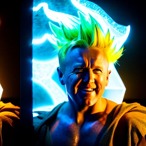 Image similar to uhd candid photo of alex e. jones as a super sayian, glowing, global illumination, studio lighting, radiant light, detailed, correct face, elaborate intricate costume. photo by annie leibowitz