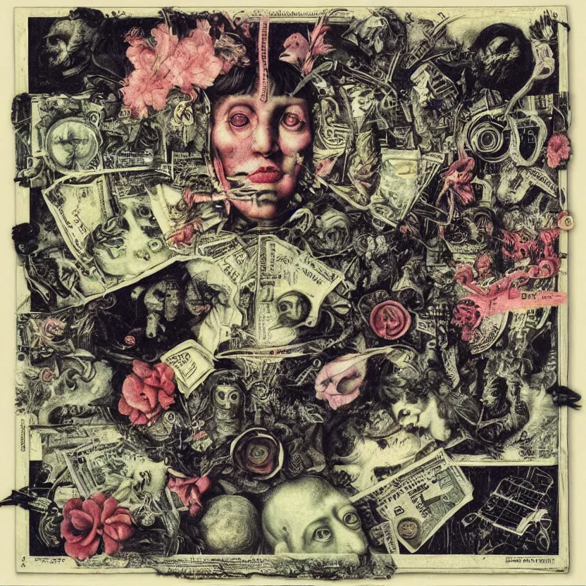 Image similar to post - punk new age album cover, asymmetrical design, dollar bank notes, capitalism, magic, apocalypse, psychedelic, black white pink, magic, giger h. r., giuseppe arcimboldo