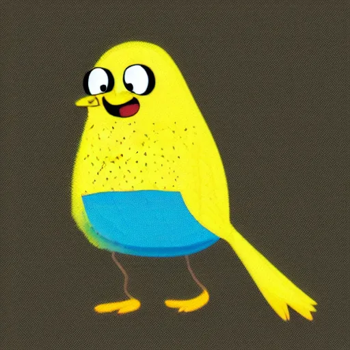 Image similar to yellow bird character with dot eyes, from adventure time,