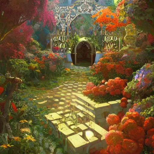 Prompt: dreamlike pixelart garden fantasycore , glossy painting, Art Nouveau Cosmic 4k Detailed Matte Illustration featured on Getty Images ,CGSociety, Jade and Carrot orange color scheme, Pastiche by Marc Simonetti, Pastiche by Cedric Peyravernay