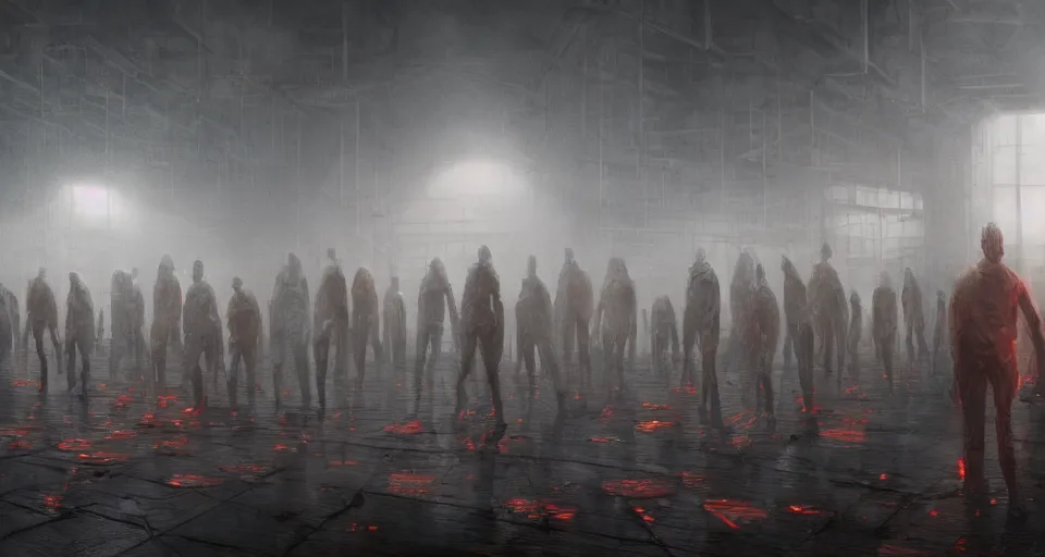 Prompt: illustration of rows of limp human bodies on display in a cold warehouse, refrigerated storage facility, rolling fog, greg rutkowski, cyberpunk, dystopian, dramatic lighting, unreal engine 5, colorful