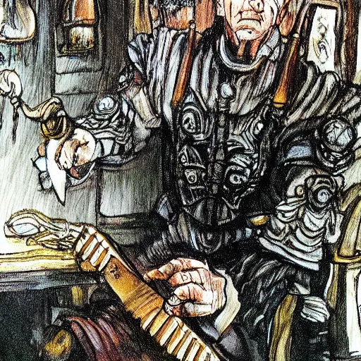 Image similar to masterpiece painting of Joe Biden playing the hurdy gurdy in a fantasy tavern by Ian Miller