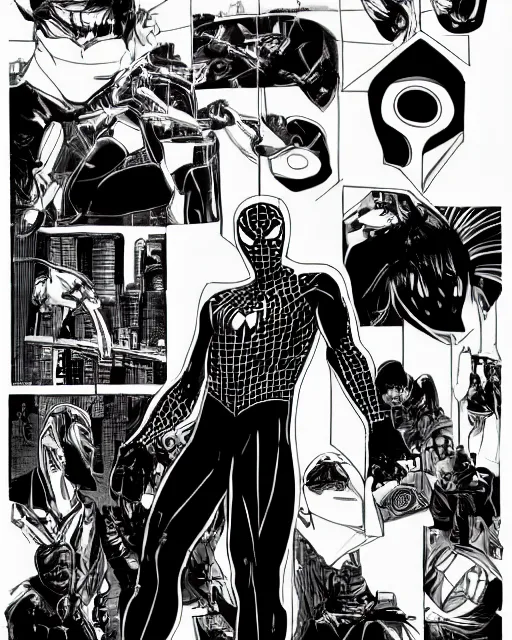 Prompt: black and white cyberpunk spiderman future foundation suit sleek greeble suit