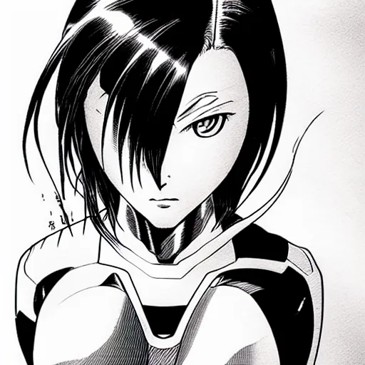 Image similar to alita by yukito kishiro. medium shot. black and white manga. pencil drawing.