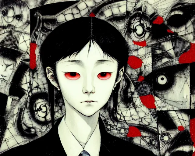 Image similar to yoshitaka amano blurred and dreamy realistic three quarter angle horror portrait of a sinister young woman with short hair, big earrings and white eyes wearing office suit with tie, black and white junji ito abstract patterns in the background, satoshi kon anime, noisy film grain effect, highly detailed, renaissance oil painting, weird portrait angle, blurred lost edges