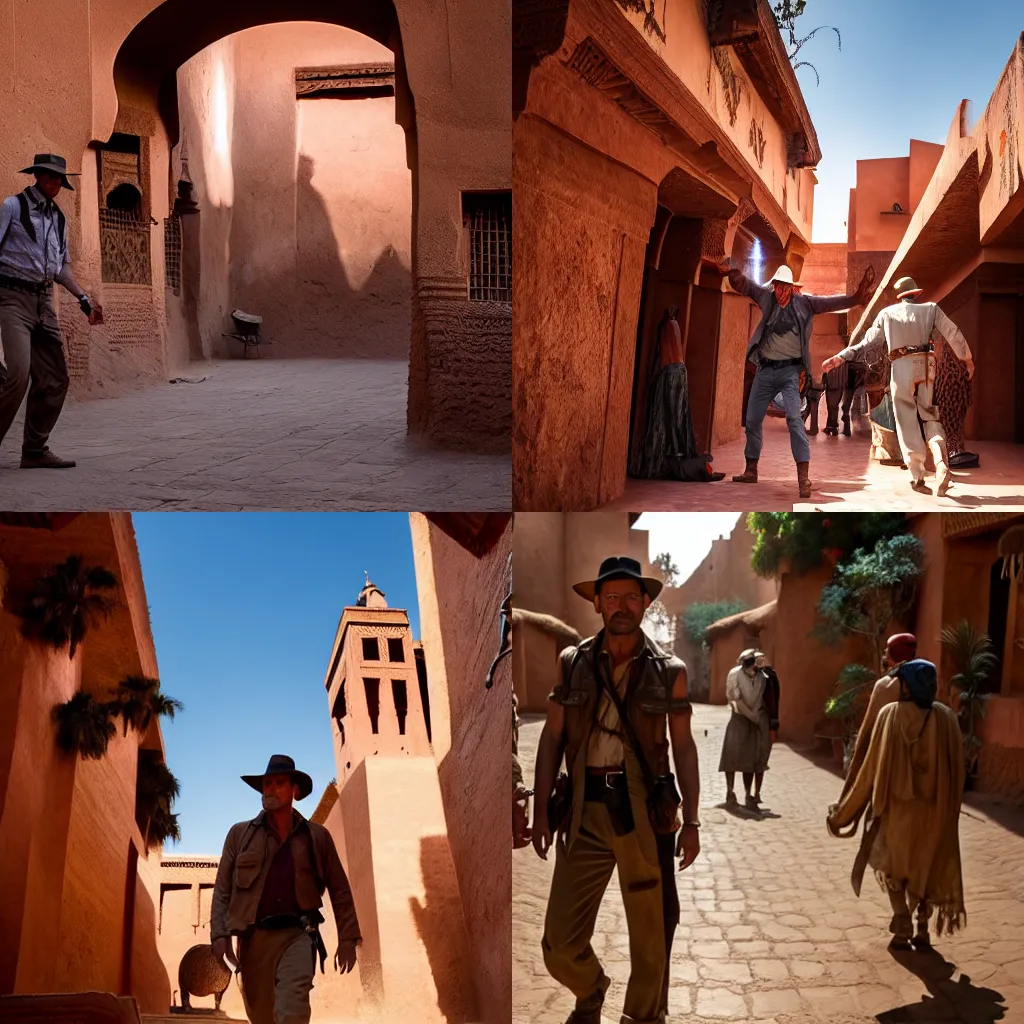 Image similar to Indiana Jones in Marrakesh, dynamic dramatic shot, cinematic angle, 8k quality, award winning photograph.