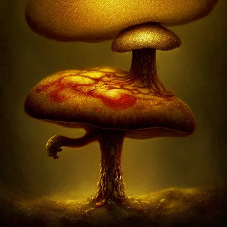 Prompt: epic professional digital art of startling mushroom, faint golden moody atmospheric lighting, painted, intricate, detailed, detailed, foreboding, by leesha hannigan, wayne haag, reyna rochin, ignacio fernandez rios, mark ryden, iris van herpen,, epic, stunning, gorgeous, much wow, cinematic, masterpiece.