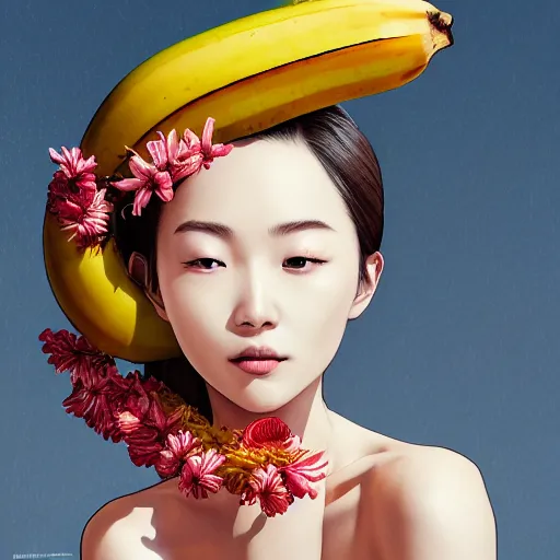 Image similar to the portrait of an absurdly beautiful, graceful, elegant young japanese woman made of bananas and petals looking up, an ultrafine detailed illustration by kim jung gi, irakli nadar, intricate linework, bright colors, octopath traveler, final fantasy, angular, unreal engine 5 highly rendered, global illumination, radiant light, detailed and intricate environment