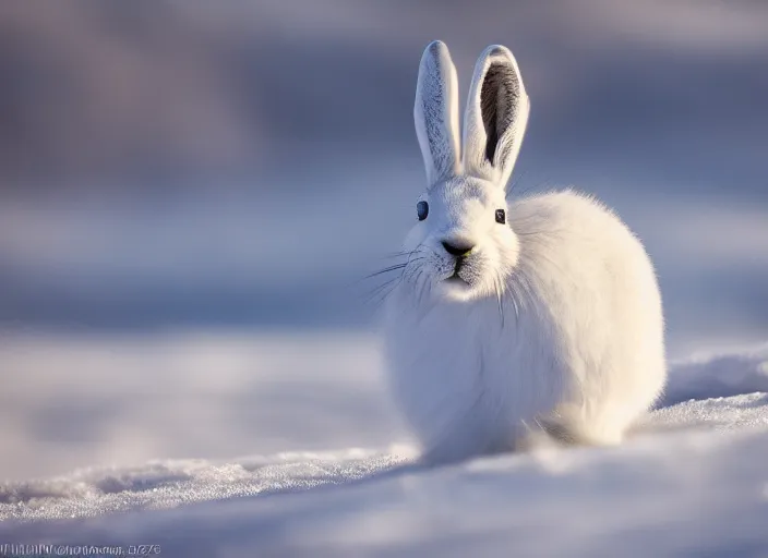 Prompt: photograph of a arctic hare on a mountain, winter, landscape photography, award winning, canon, sony, nikon, 4 k, hd