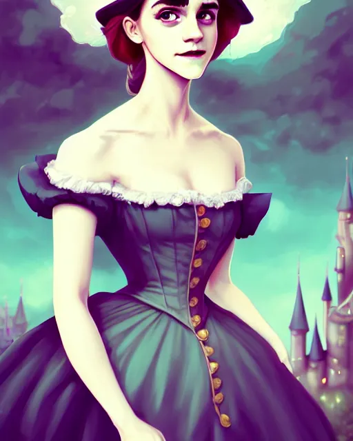 Prompt: beautiful full body photorealistic portrait closeup photograph Emma Watson goofy smiling dressed in victorian style fashion, photographic castle gardens background illustration by lois van baarle and loish and ross tran and rossdraws and sam yang and samdoesarts and artgerm, digital art, highly detailed, intricate, sharp focus, Trending on Artstation HQ, deviantart