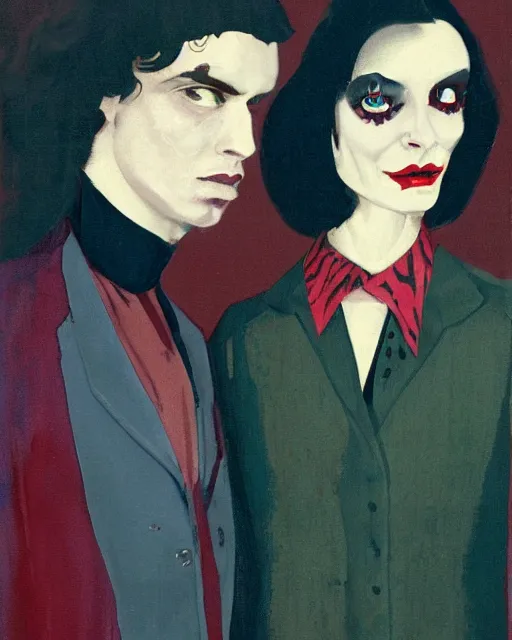 Prompt: a man and a woman who are beautiful but creepy, wearing vivienne westwood collars in layers of fear, with haunted eyes and dark hair, 1 9 7 0 s, seventies, wallpaper, a little blood, morning light showing injuries, delicate embellishments, painterly, offset printing technique, by brom, robert henri, walter popp