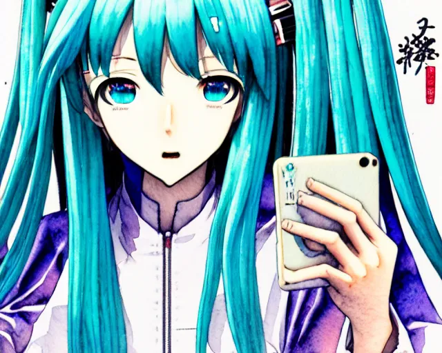 Prompt: a high detail watercolor of Hatsune Miku taking a selfie by Yukito Kishiro and katsuhiro otomo, illustration, hyper-detailed, colorful, complex, intricate, masterpiece, epic