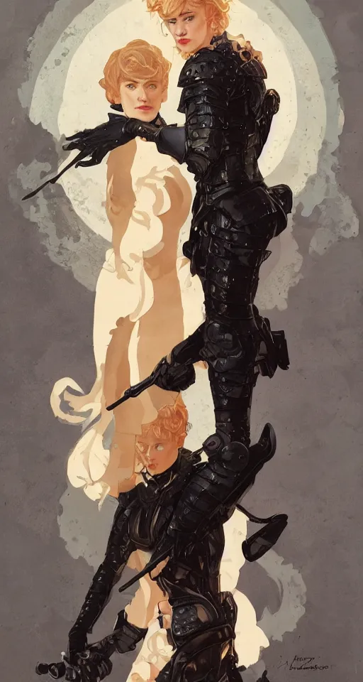 Prompt: mackenzie davis actress wearing black armour with bare legs, mucha, hard shadows and strong rim light, art by jc leyendecker and atey ghailan and sachin teng