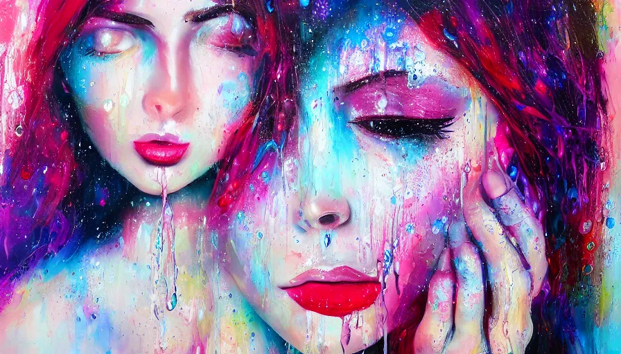 Prompt: sweet dreams, front female face, painting on canvas, watedrops, water droplets, acrylic painting, acrylic pouring, painting, influencer, artstation - h 8 0 0