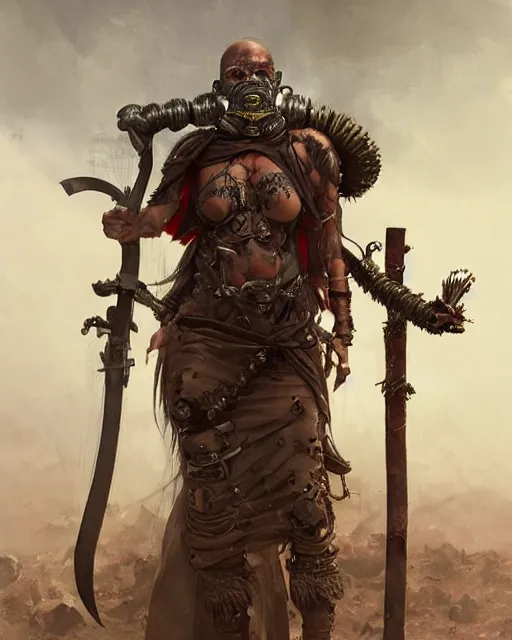 Image similar to hyper realistic portrait of postapocalyptic indonesian death cult monk cyborg girl with indonesian demon mask, sword and shield, beads, gears, machineparts, cinematic, artstation, cgsociety, greg rutkowski, james gurney, mignola, craig mullins, brom