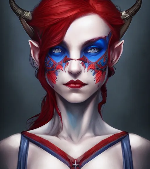 Image similar to A detailed matte head on symmetrical fanart portrait of a distinguished elven woman with red and blue hair by Charlie bowater and lise deharme wlop, trending on artstationhd, dungeons and dragons art critical role