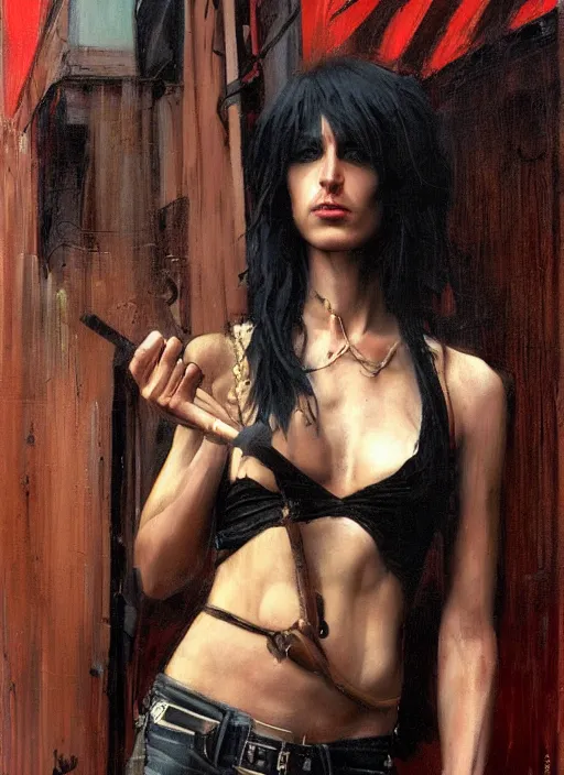 Image similar to androgynous glam rocker outside cbgb in the style of phil hale, sfumato Orientalist portrait by john william waterhouse, oil on canvas. Cinematic, hyper realism, realistic proportions, dramatic lighting, high detail 4k