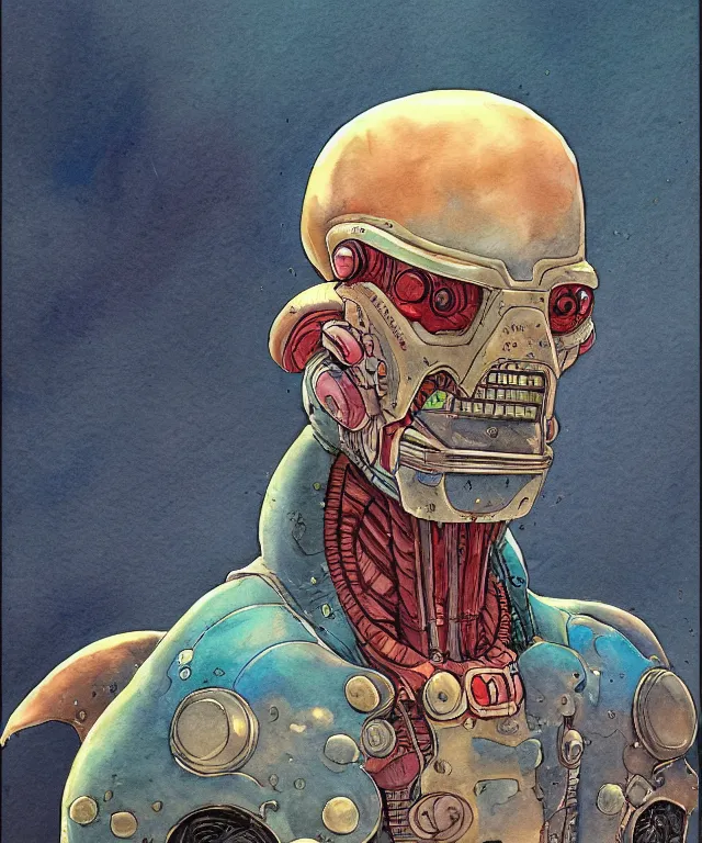 Image similar to a watercolor painting character portrait of a machine mutant in the style of jean giraud in the style of moebius trending on artstation deviantart pinterest detailed realistic hd 8 k high resolution