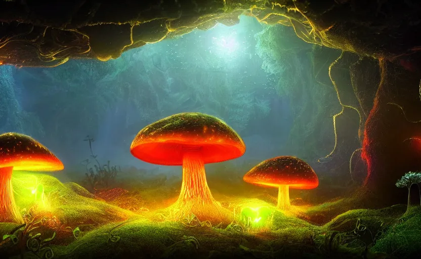 Prompt: a beautiful and stunning professional digital artwork of a glowing mushroom cave, haze, spores floating in the air, vines, night, volumetric lighting, hyperrealistic, rtx on, ultra detail