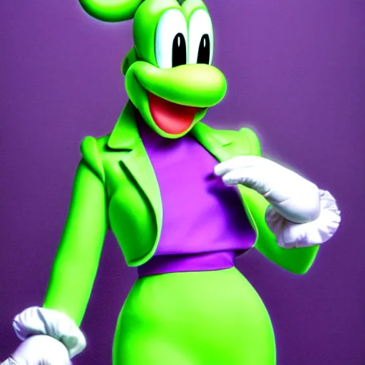 Image similar to anthropomorphic light green yoshi wearing a purple jacket, black shirt, purple skirt, purple heels, nintendo