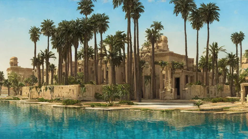 Image similar to an oil painting of the front of a new egyptian!! palace, with a small pool in front, exterior view, close - up, mid - day, palm trees and lush vegetation,!! hieroglyphs on the buildings, ray - traced reflections of the buildings and trees in the water