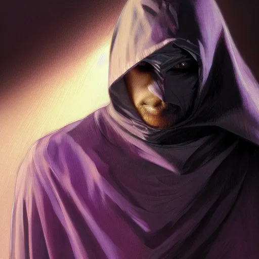 Image similar to ultra realistic illustration, man in a black hood, in a striped purple balaclava, mysterious, highly detailed, digital painting, artstation, concept art, smooth, sharp focus, illustration, art by artgerm and greg rutkowski and alphonse mucha