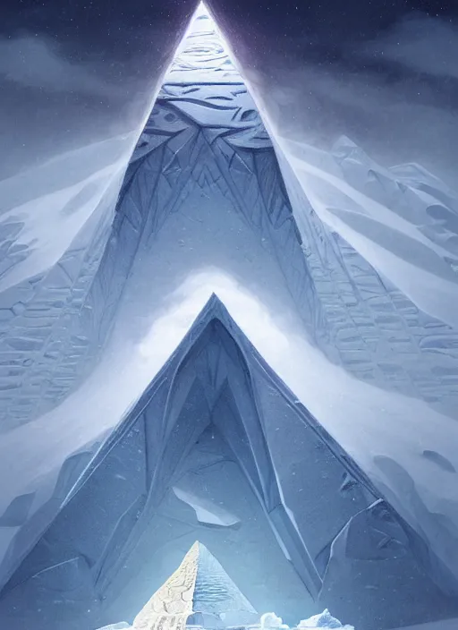 Image similar to pyramid in antarctica, intricate, elegant, highly detailed, digital painting, artstation, concept art, smooth, sharp focus, illustration, art by artgerm and greg rutkowski and alphonse mucha