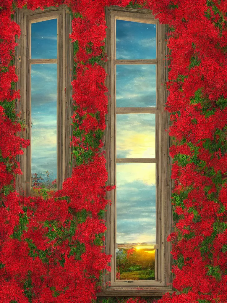 Image similar to a interior photo of a vintage house single window with view to the sunrise near some red flowers, hyperrealistic, digital painting, masterpiece, high quality, highly detailed, high coherence, path traced, serene landscape, beautiful, elegant, bloom, godrays, complementary colors, natural lighting, symmetrical, low contrast, geometrically correct