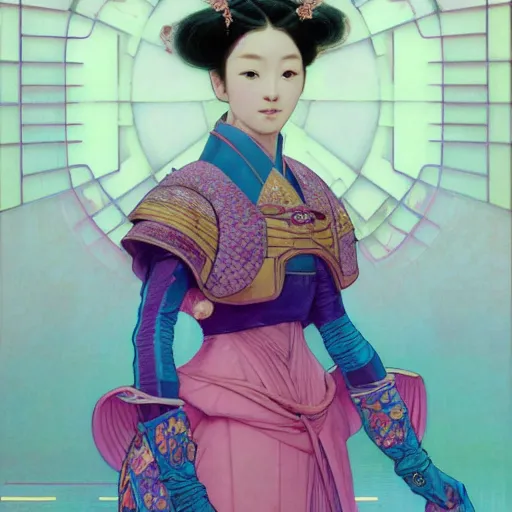 Prompt: a highly detailed portrait of a futuristic japanese princess, neon colored dress, beautiful detail and color, art by john collier and albert aublet and krenz cushart and artem demura and alphonse mucha, volumetric lighting, octane render, 4 k resolution, matte, sharp focus, illustration, art by jacque - louis david, baroque style