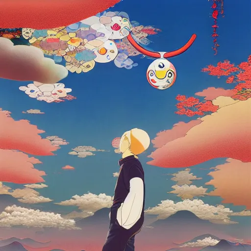 Image similar to a man walking on clouds away from the camera above kyoto by takashi murakami, beeple and james jean, aya takano color style, 4 k, super detailed, modern, 4 k, symmetrical