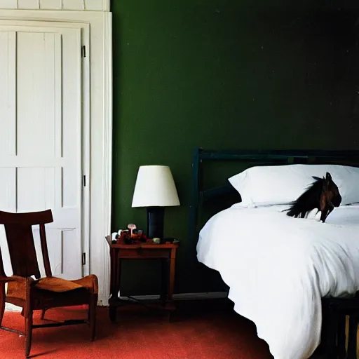 Prompt: bedroom photo of a horse, by Annie Leibovitz