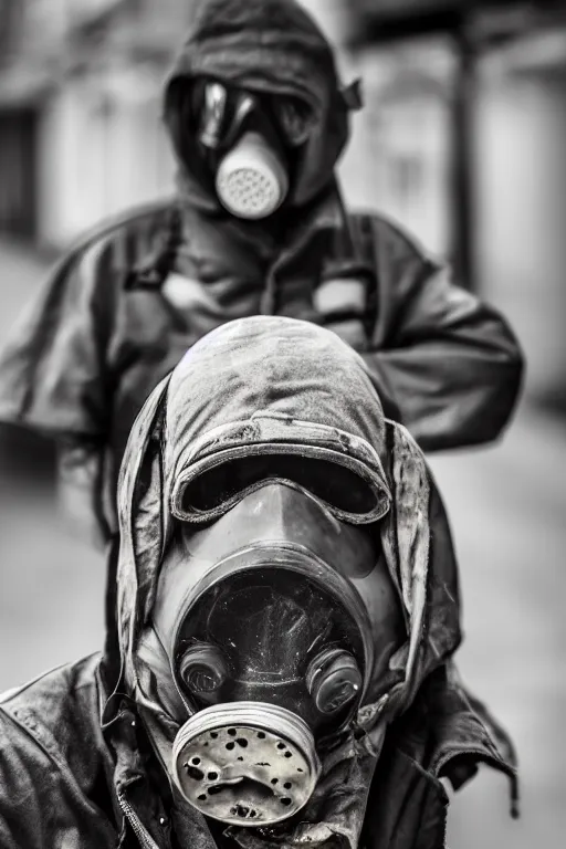 Image similar to an award winning portrait photo of a homeless person wearing a gas mask and hard helmet, 4 k, high quality, sharp focus