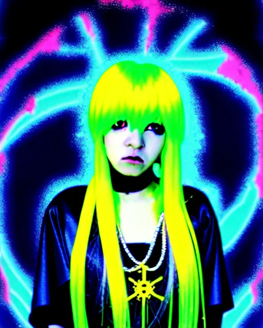 Image similar to a hologram of rimuru tempest with golden yellow eyes and sky blue hair, wearing black cybergoth emo stylish fashion clothing, holography, irridescent, baroque visual kei decora art