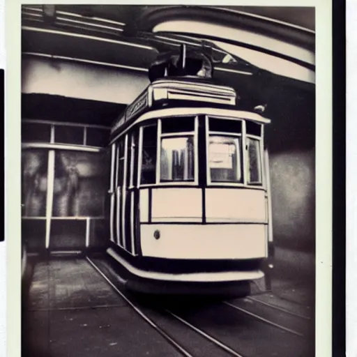 Image similar to an old tram in space, Polaroid,