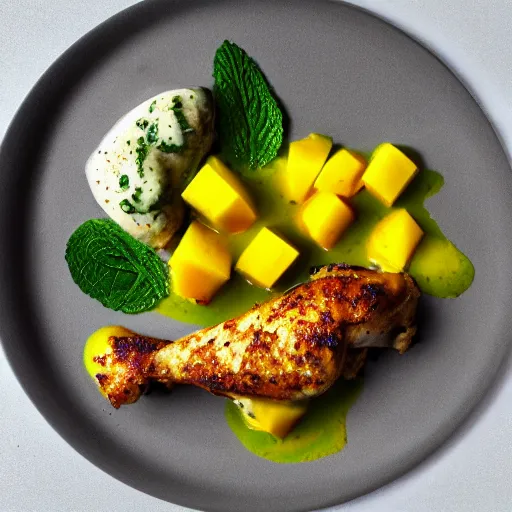 Prompt: a photo of michelin star graded gourmet plate of chicken fillet with mango and mint sauce, high detail, professional photograph, decorations