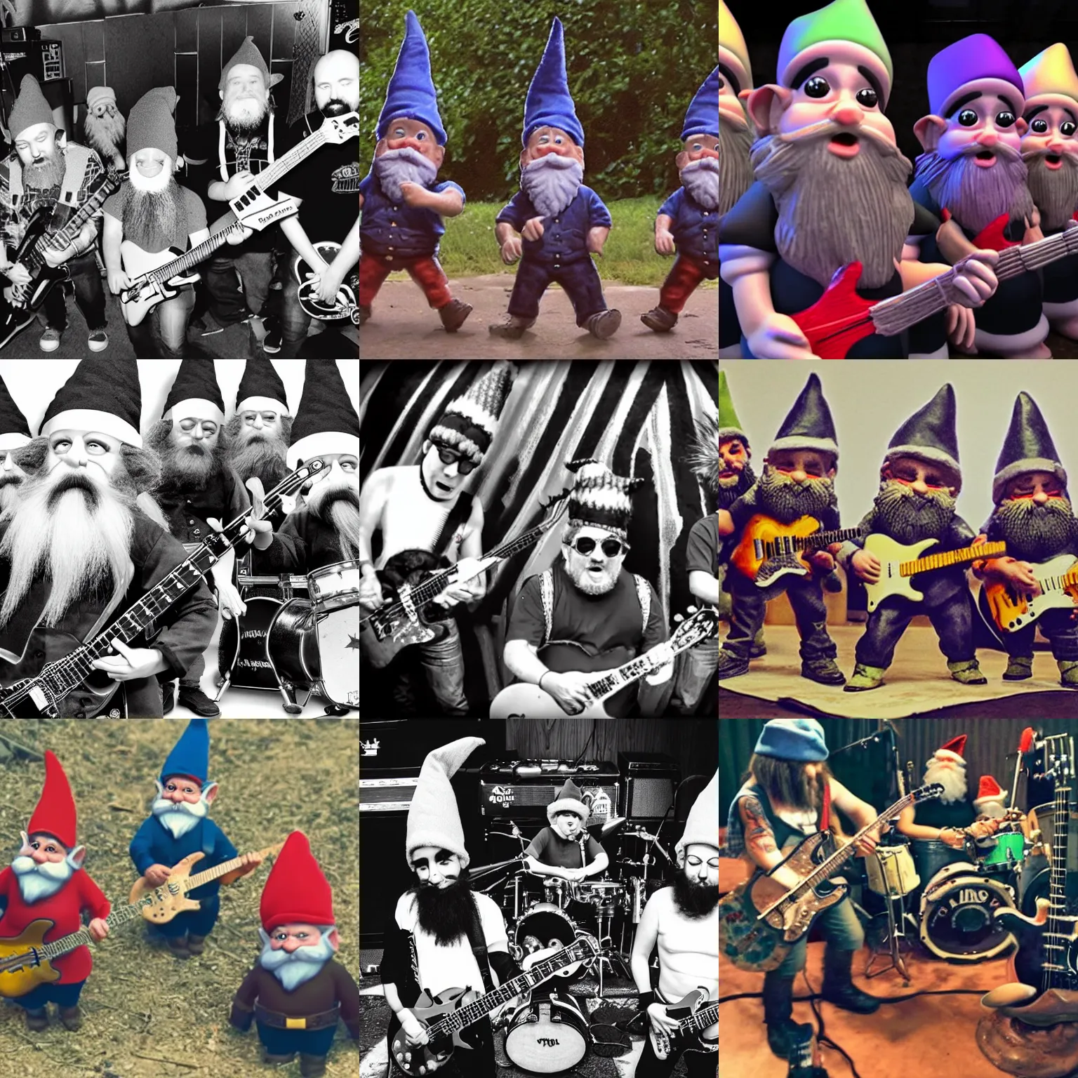 Prompt: footage of a group of gnomes playing in a punk rock band