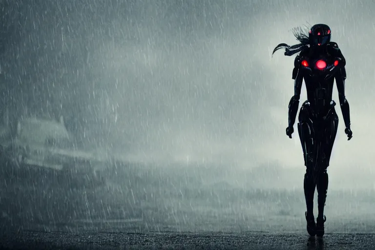 Prompt: vfx marvel sci-fi woman black super hero robot photo real full body action pose closeup, city street cinematic lighting, rain and fog by Emmanuel Lubezki