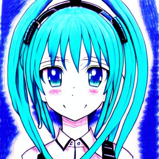 Image similar to hatsune miku v 3, blue pen art on paper