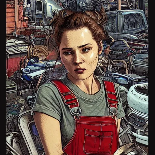 Prompt: “illustation of a woman sitting in a junkyard. Overalls and tools . Science fiction. Intricate digital painting. Art by Mœbius. Character portrait. Character design. Concept art. Symmetrical face. Detailed realistic face.”