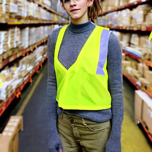 Image similar to photo, close up, emma watson in a hi vis vest, in amazon warehouse, portrait, kodak gold 2 0 0,