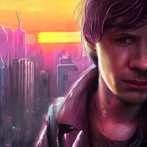 Prompt: cyberpunk, closeup portrait of a young shaggy cyberpunk citizen, eye bags, three day stubble, ex junkie, dramatic light, city background, sunset, dystopian setting, high contrast, sharp, neuromancer, henry dorsett case, painted by stanley lau, painted by greg rutkowski, painted by stanley artgerm, digital art, trending on artstation