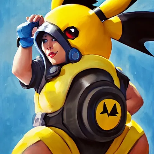 Image similar to greg manchess portrait painting of the pikachu as overwatch character, medium shot, asymmetrical, profile picture, organic painting, sunny day, matte painting, bold shapes, hard edges, street art, trending on artstation, by huang guangjian and gil elvgren and sachin teng