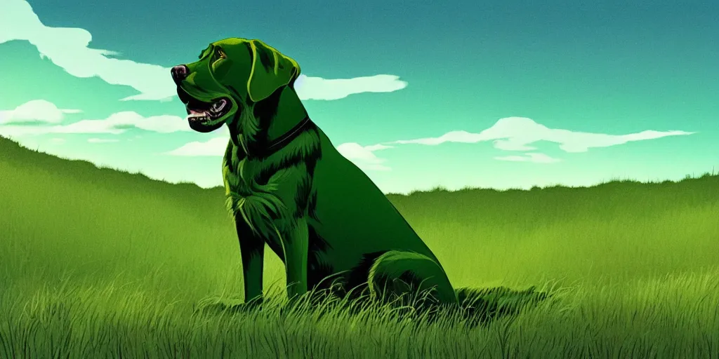 Prompt: hyperrealist, graphic novel illustration of a massive green labrador retriever with shaggy green fur and green dye sitting on a grassy hill, pulp 7 0's sci - fi vibes, 9 0's hannah barbara fantasy animation, cinematic, movie still, studio ghibli masterpiece