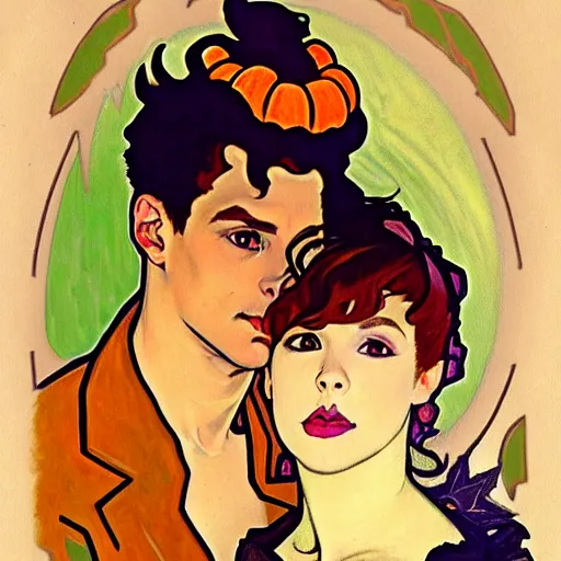 Image similar to painting of handsome young beautiful jeff and gorgeous rina together at the jack o'lantern halloween party, elegant, clear, painting, stylized, art, art by alphonse mucha, vincent van gogh, egon schiele,