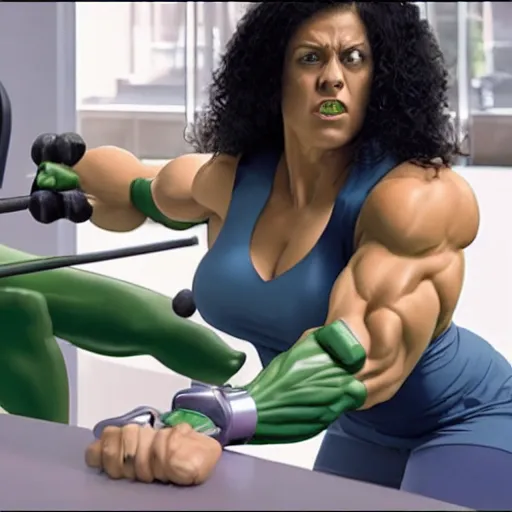 Image similar to she - hulk, attorney at law, bench - pressing the judge's bench, still from new live - action film, 8 k, promotional image