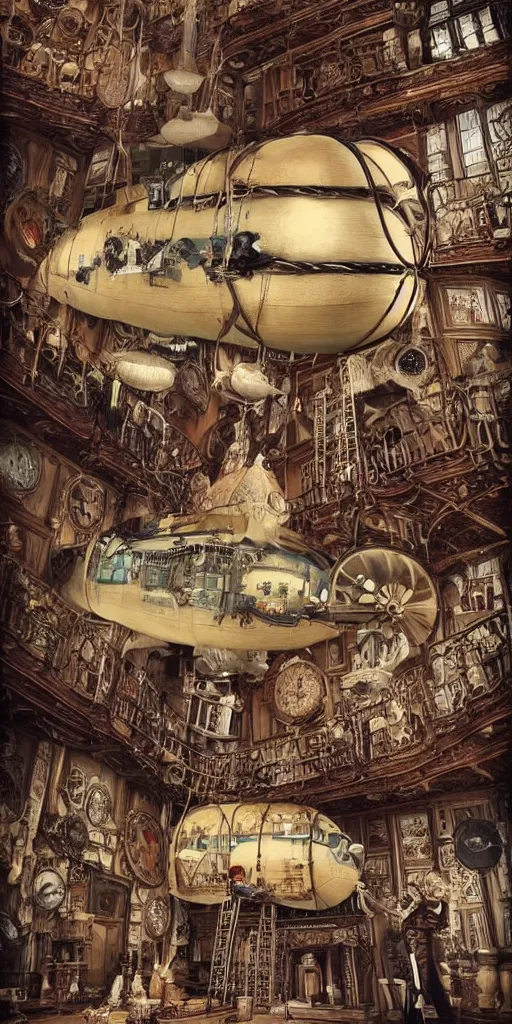 Image similar to a vintage steampunk living airship by alexander jansson and where's waldo