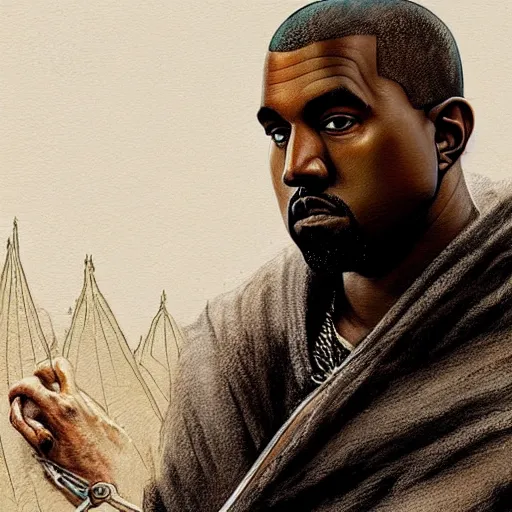 Prompt: kanye west in lord of the rings, intricate, highly detailed, digital painting, artstation, concept art, matte, sharp focus, illustration, art by artgerm and greg rutkowski and alphonse mucha