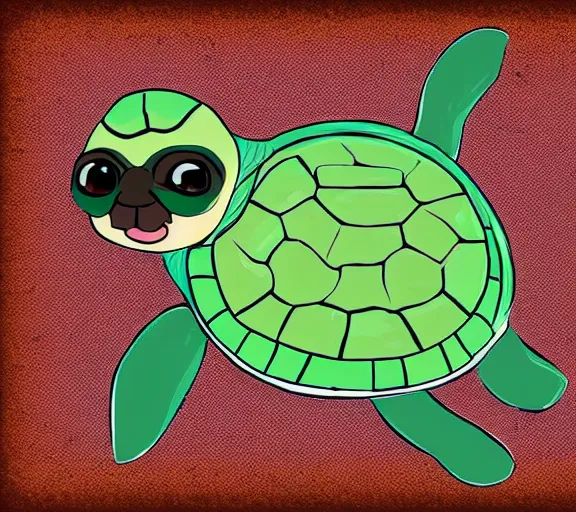 Image similar to a cute little turtle riding on the back of a pug, digital art, colourful